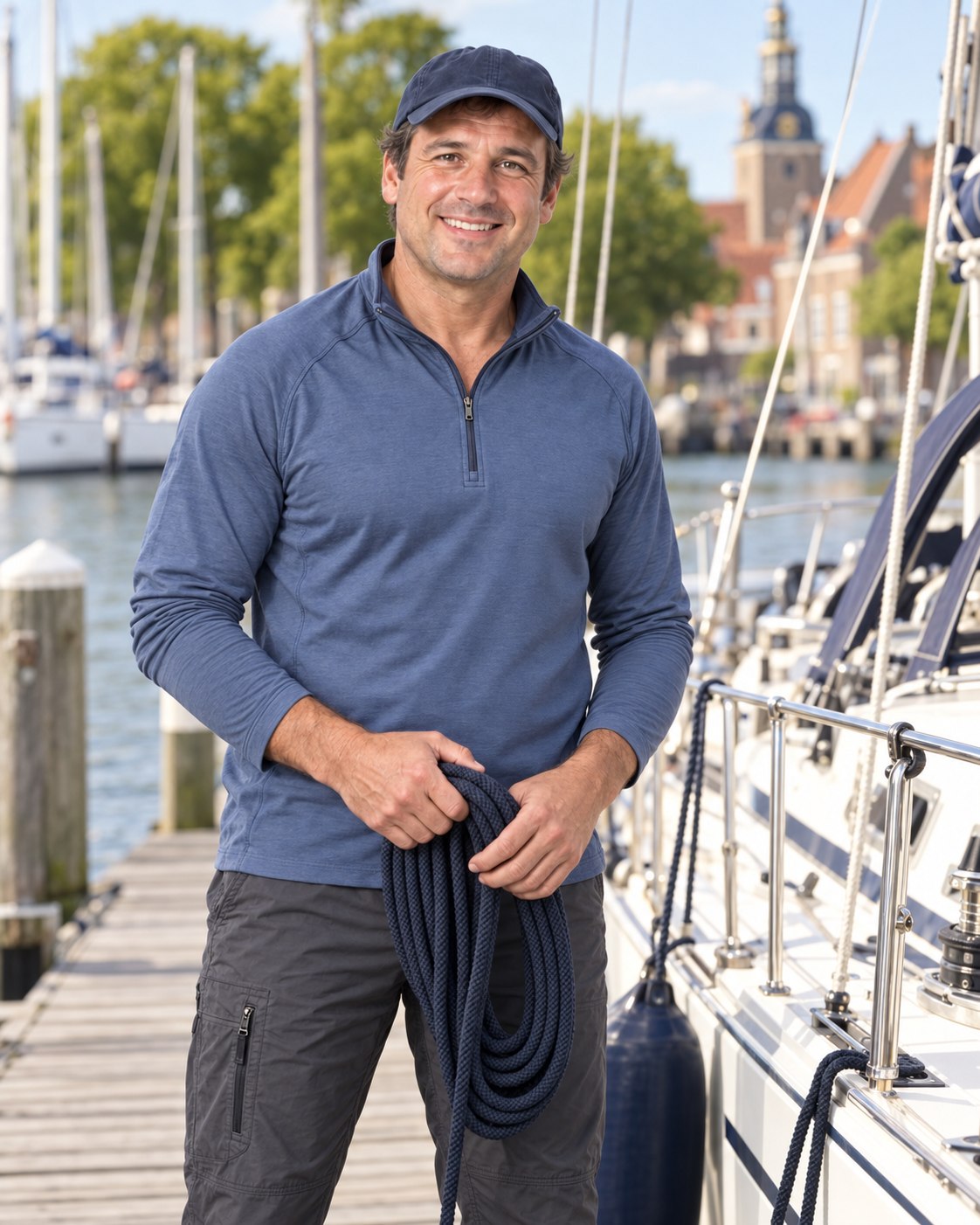 Aart Wessels lacht op de steiger met een opgeschoten landvast in zijn handen