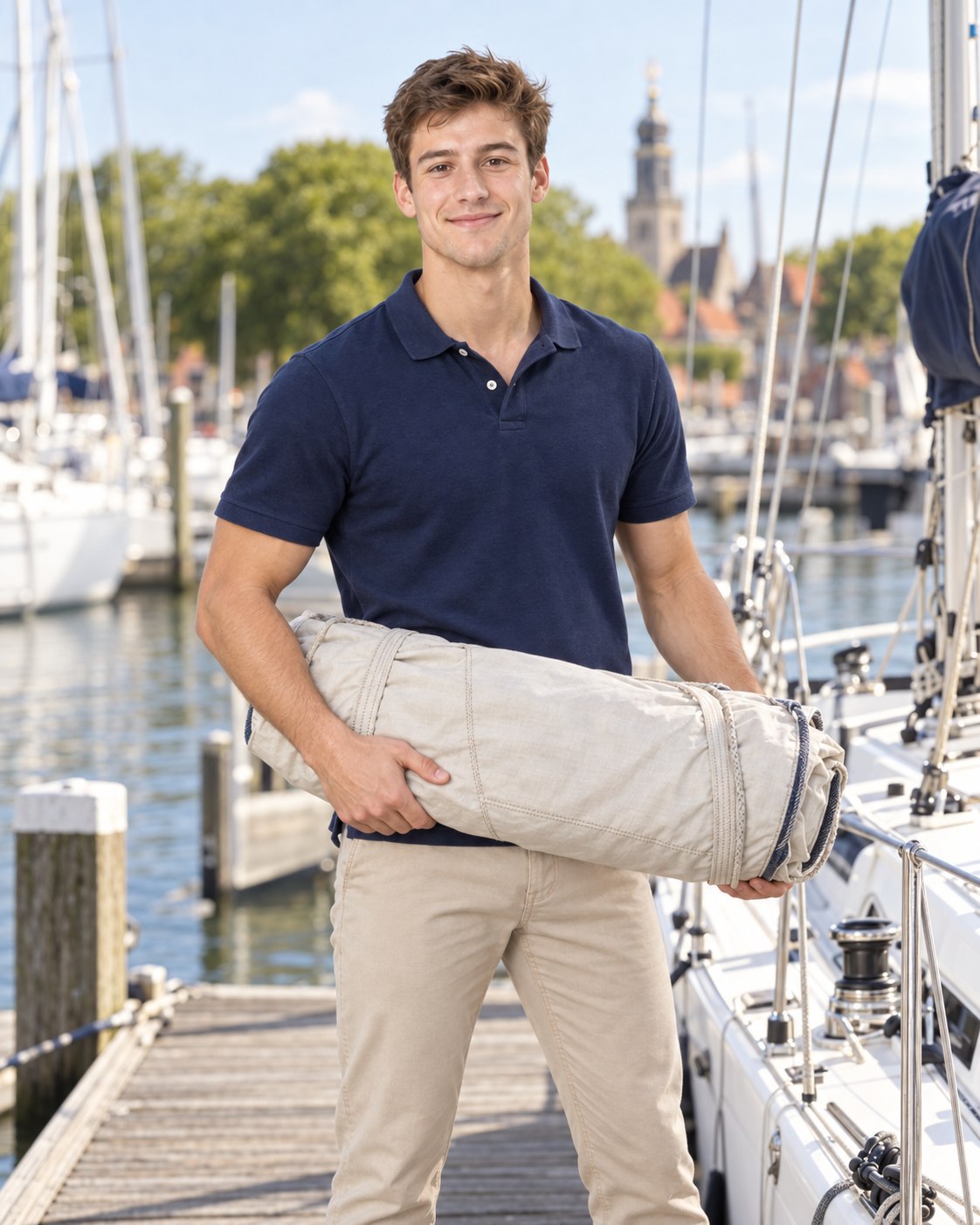 Daan lacht op de steiger naast een zeiljacht met een zeilzak in zijn handen