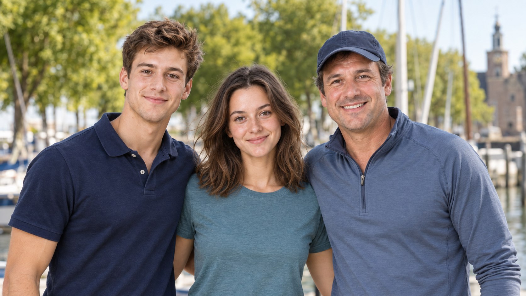 Daan, Eva en de schipper lachen samen in de haven, met bomen op de achtergrond